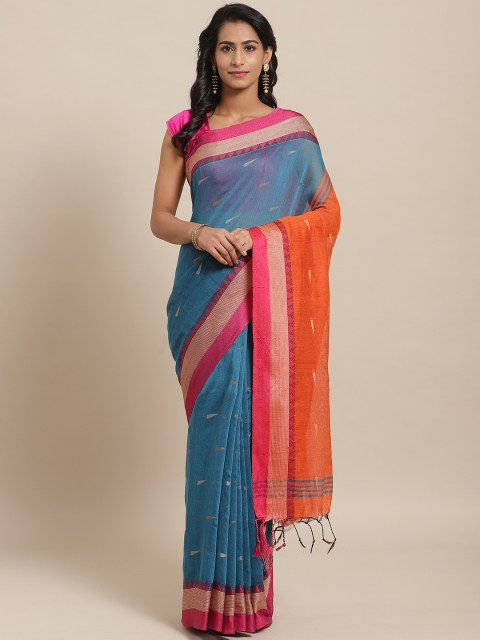 

Laa Calcutta Blue & Orange Bengal Handloom Woven Design Taant Saree