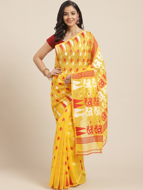 

Laa Calcutta Yellow & Red Woven Design Dhakai Jamdani Saree