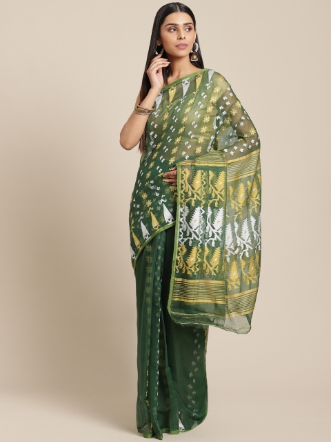 

Laa Calcutta Green & Mustard Yellow Woven Design Jamdani Saree