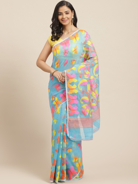 

Laa Calcutta Blue & Pink Woven Design Dhakai Jamdani Saree