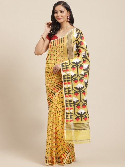 

Laa Calcutta Yellow & Black Woven Design Dhakai Jamdani Saree