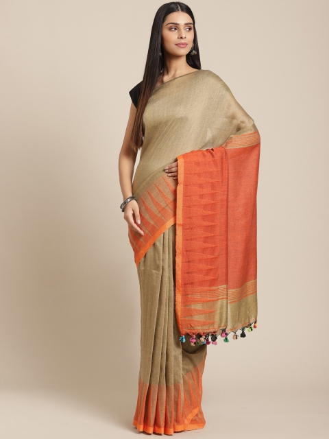 

Laa Calcutta Beige & Orange Pure Cotton Solid Bengal Handloom Saree