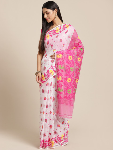 

Laa Calcutta White & Pink Woven Design Dhakai Jamdani Saree