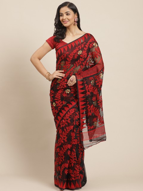 

Laa Calcutta Black & Red Woven Design Dhakai Jamdani Saree