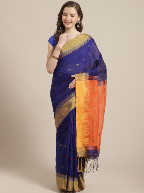 

Laa Calcutta Navy Blue & Orange Woven Design Bengal Handoom Taant Saree