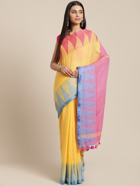 

Laa Calcutta Yellow & Pink Solid Taant Saree