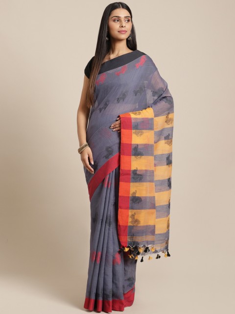 

Laa Calcutta Navy Blue & Red Woven Design Taant Saree, Grey