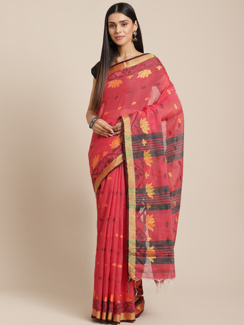 

Laa Calcutta Red & Black Woven Design Taant Saree