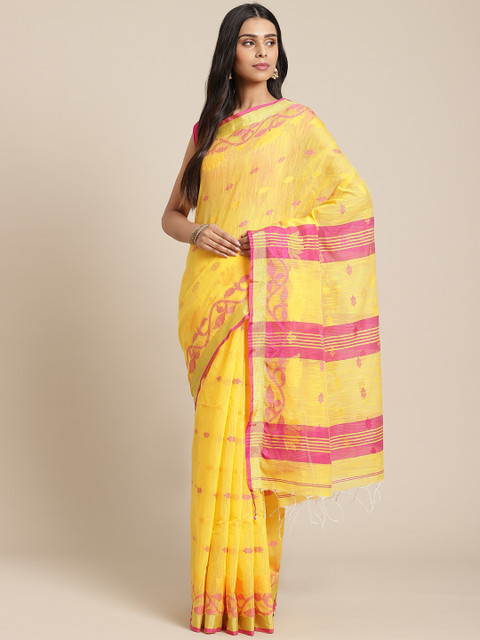 

Laa Calcutta Yellow & Pink Woven Design Taant Saree
