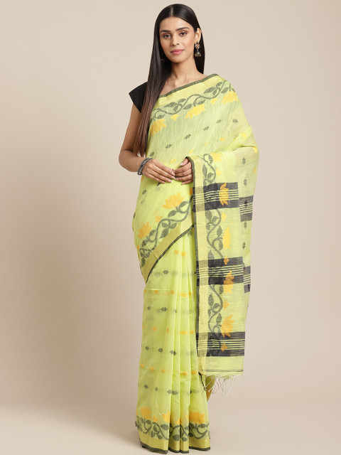 

Laa Calcutta Yellow & Black Woven Design Bengal Handloom Taant Saree