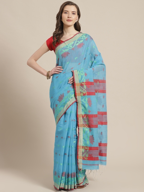 

Laa Calcutta Blue & Red Woven Design Bengal Handloom Taant Saree