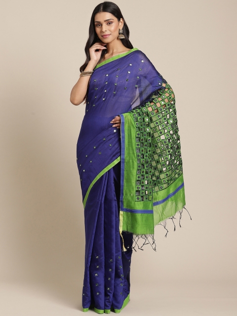 

Laa Calcutta Green & Blue Mirror Work Embellished Handloom Taant Saree