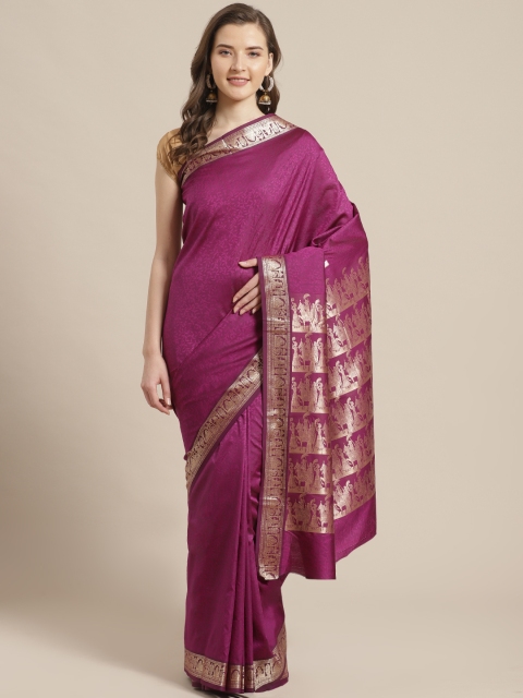

Laa Calcutta Magenta & Golden Leaf Woven Design Bengal Handloom Taant Saree