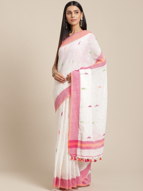 

Laa Calcutta White & Pink Triangular Woven Design Bengal Handloom Taant Saree