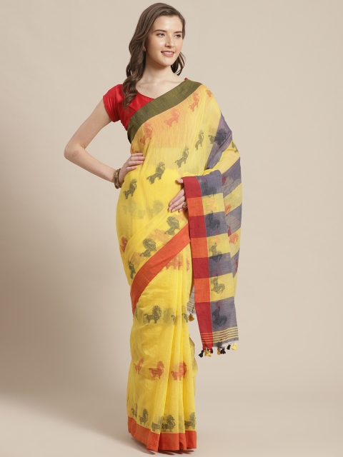 

Laa Calcutta Yellow & Grey Woven Design Bengal Handloom Taant Saree