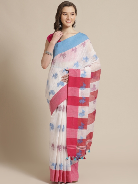 

Laa Calcutta White & Blue Woven Design Bengal Handloom Taant Saree