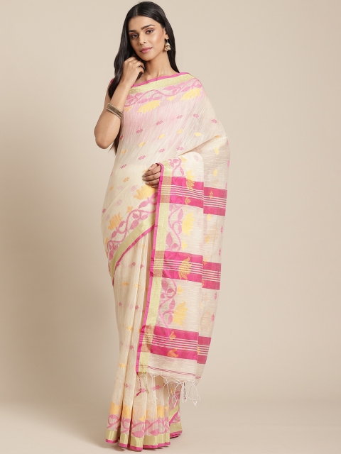 

Laa Calcutta Off-White & Pink Woven Design Bengal Handloom Taant Saree