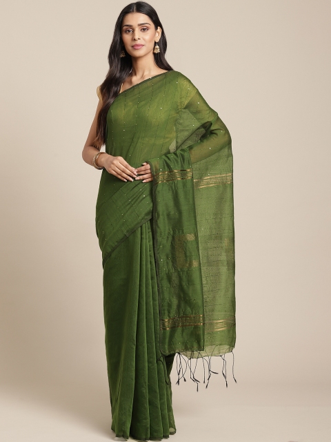 

Laa Calcutta Olive Green Striped Taant Saree