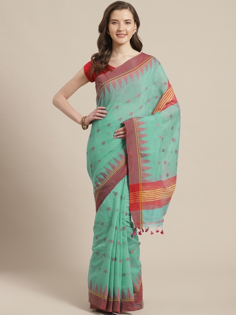 

Laa Calcutta Sea Green & Red Woven Design Bengal Handloom Taant Saree