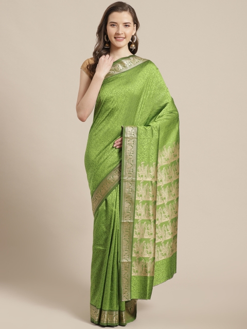 

Laa Calcutta Green & Golden Leaf Woven Design Bengal Handloom Taant Saree