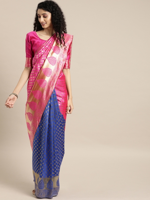 

Mitera Pink & Navy Blue Silk Blend Woven Design Banarasi Saree