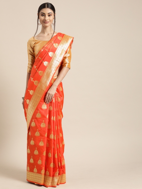 

Mitera Orange & Gold-Toned Silk Blend Woven Design Banarasi Saree