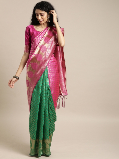 

Mitera Pink & Green Silk Blend Woven Design Banarasi Saree