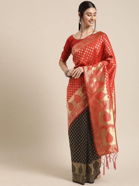 

Mitera Black & Red Silk Blend Woven Design Banarasi Saree