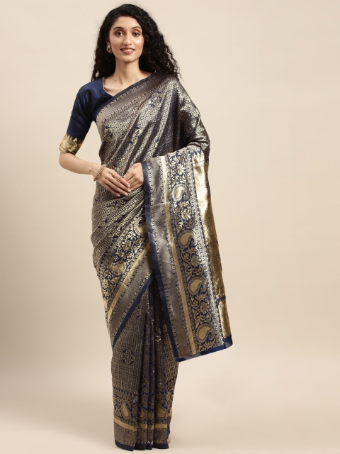 

Mitera Navy Blue & Gold-Toned Silk Blend Woven Design Banarasi Saree