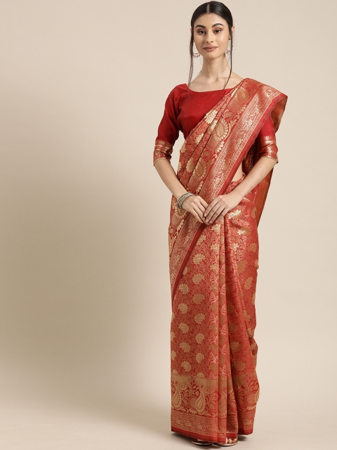 

Mitera Red & Gold-Toned Silk Blend Woven Design Banarasi Saree