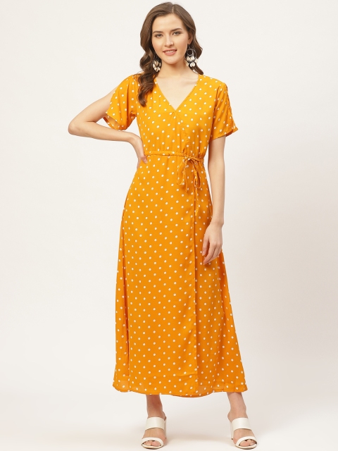 

Darzi Women Mustard Yellow & White Polka Dots Printed Wrap Maxi Dress