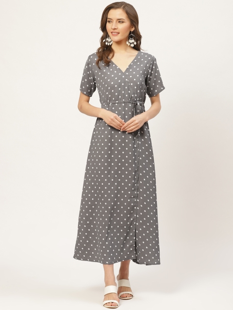 

Darzi Women Charcoal Grey & White Polka Dots Printed Wrap Maxi Dress