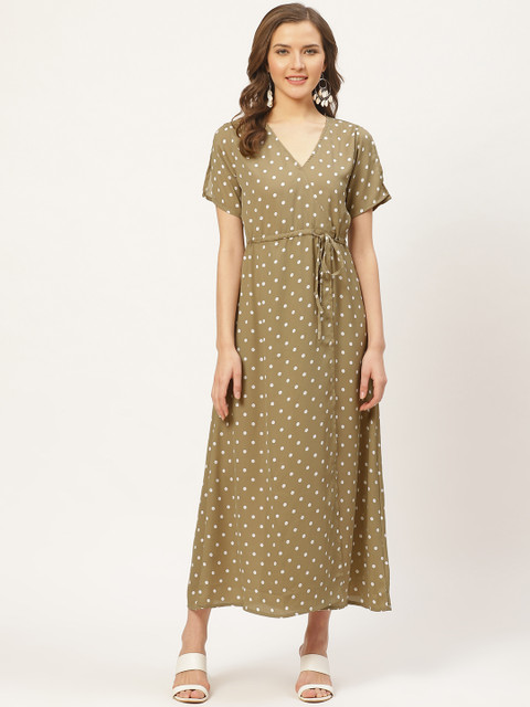 

Darzi Women Beige & White Polka Dots Printed Wrap Maxi Dress