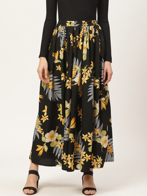 

Darzi Women Black & Mustard Yellow Tropical Printed Flared Maxi Skirt