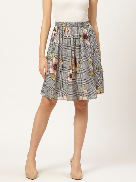 

Darzi Women Off-White & Black Checked Floral Printed Flared Skirt