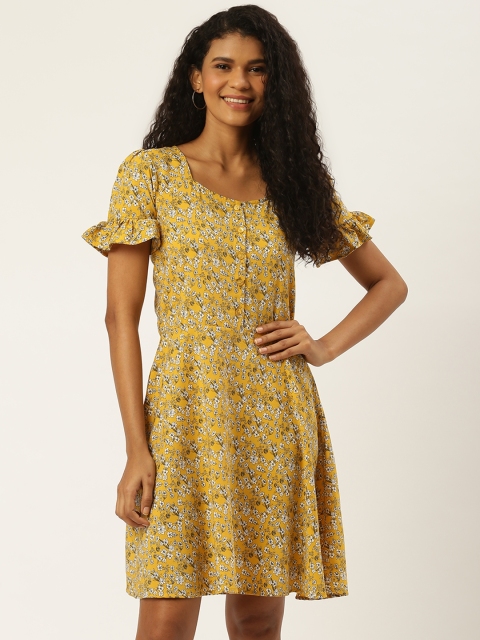 

Trend Arrest Women Yellow & White Floral Printed A-Line Dress