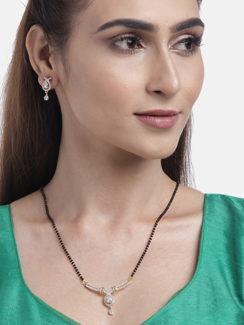 

JEWELS GEHNA Black Gold-Plated AD-Studded Mangalsutra & Earrings Set
