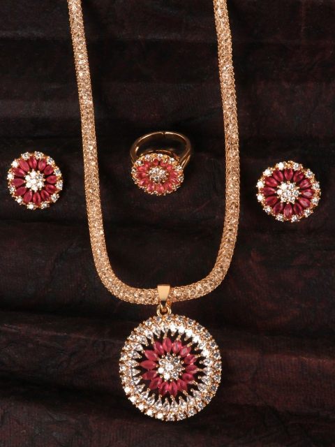 

JEWELS GEHNA Pink Gold-Plated American Diamond-Studded Floral Shaped Jewellery Set