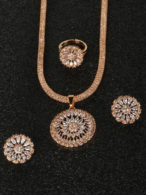

JEWELS GEHNA Gold-Plated American Diamond-Studded Floral Shaped Jewellery Set