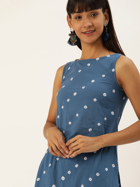 

Taavi Women Blue & White Indigo Tie Dye Boat Neck Straight Sustainable Kurta with Trousers