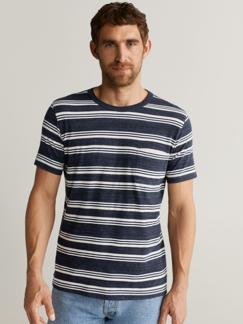 

MANGO MAN Navy Blue & White Striped Round Neck T-shirt