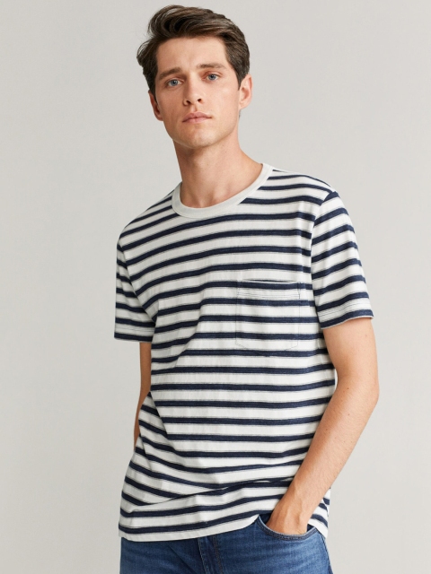 

MANGO MAN White & Navy Blue Striped Slim Fit Round Neck T-shirt