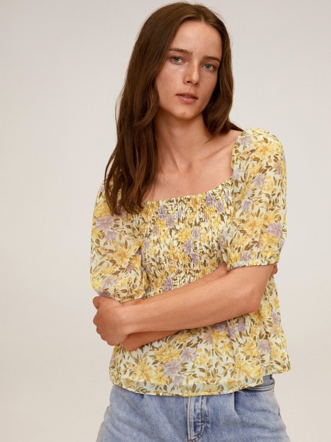 

MANGO Women Yellow & Lavender Floral Print Empire Top