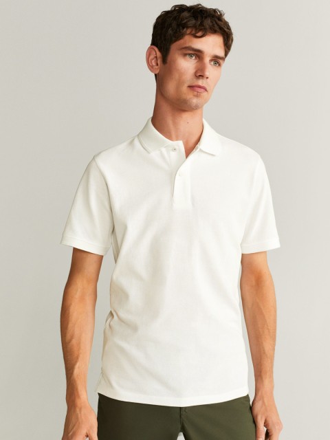 

MANGO MAN White Slim Fit Solid Polo Collar T-shirt