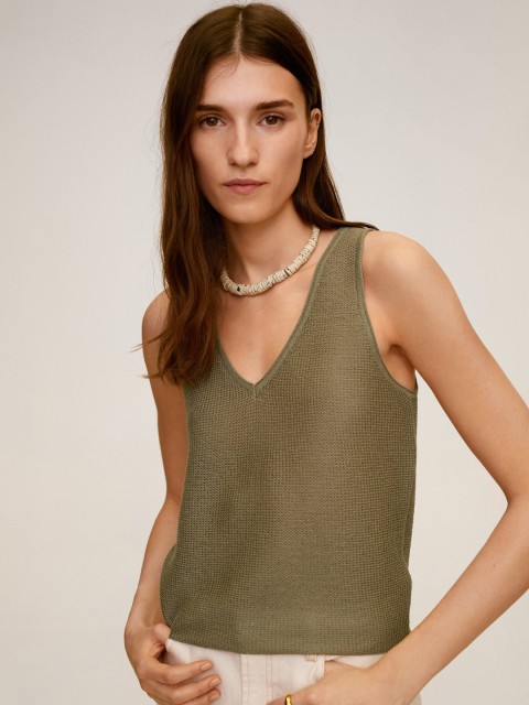 

MANGO Women Olive Green Self-Design Top