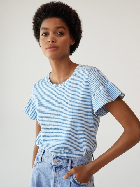 

MANGO Women White & Blue Smocked Detail Striped Top