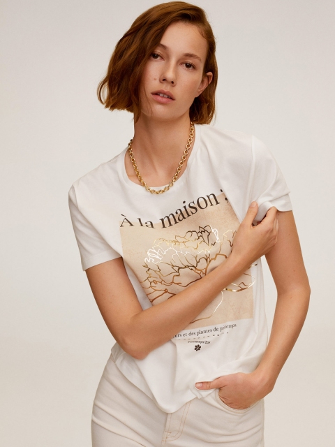 

MANGO Women White & Beige Printed Round Neck T-shirt