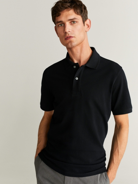 

MANGO MAN Black Solid Polo Collar T-shirt