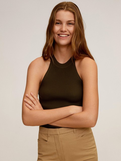 

MANGO Women Olive Brown Solid Tank Fitted Top