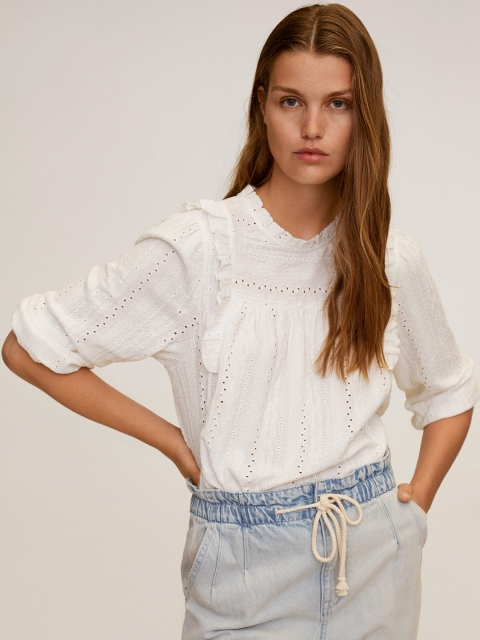 

MANGO Women White Schiffli Embroidered Top